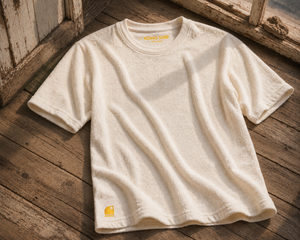 T-shirt surf éponge femme blanc cassé avec logo brodé jaune HONO Surf, en coton bio, marque de surf française éco-responsable