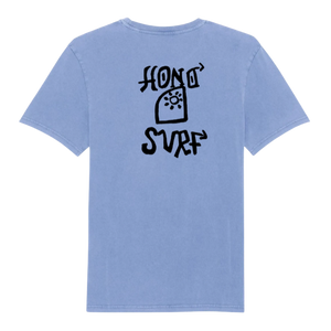 Dos t-shirt surf HONO Tiki bleu vintage en coton biologique avec grand logo HONO SURF noir unisexe