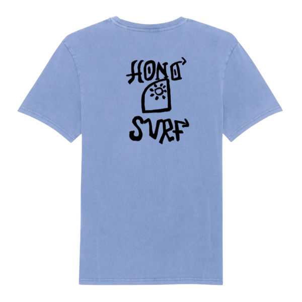 Dos t-shirt surf HONO Tiki bleu vintage en coton biologique avec grand logo HONO SURF noir unisexe