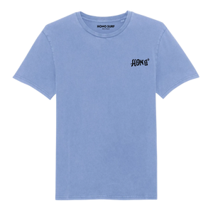 T-shirt surf HONO Tiki bleu vintage en coton bio avec logo noir poitrine unisexe