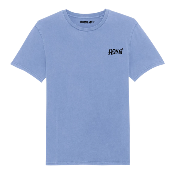 T-shirt surf HONO Tiki bleu vintage en coton bio avec logo noir poitrine unisexe