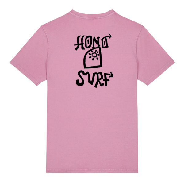 Dos t-shirt surf HONO Tiki rose vintage en coton biologique avec grand logo HONO SURF noir unisexe