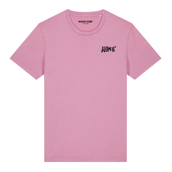 T-shirt surf HONO Tiki rose vintage en coton bio avec logo noir poitrine unisexe