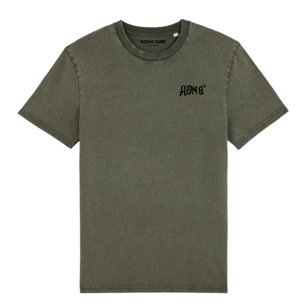 T-shirt surf kaki HONO Tiki en coton bio avec logo noir poitrine unisexe.