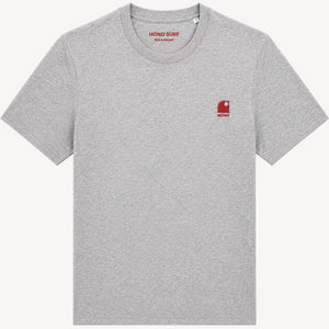 T-shirt surf bio HONO gris chiné unisexe avec broderie corail, vêtement de surf français éco-responsable, marque de surf française durable