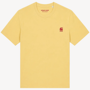 T-shirt bio HONO jaune unisexe avec broderie corail, vêtement de surf français éco-responsable, marque de surf française durable