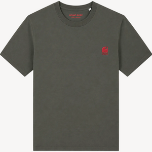 T-shirt surf bio HONO kaki foncé unisexe avec broderie corail, vêtement de surf français éco-responsable, marque de surf française durable