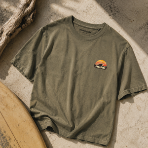 T-shirt surf homme HONO Surf kaki vintage en coton bio, marque de surf française éco-responsable
