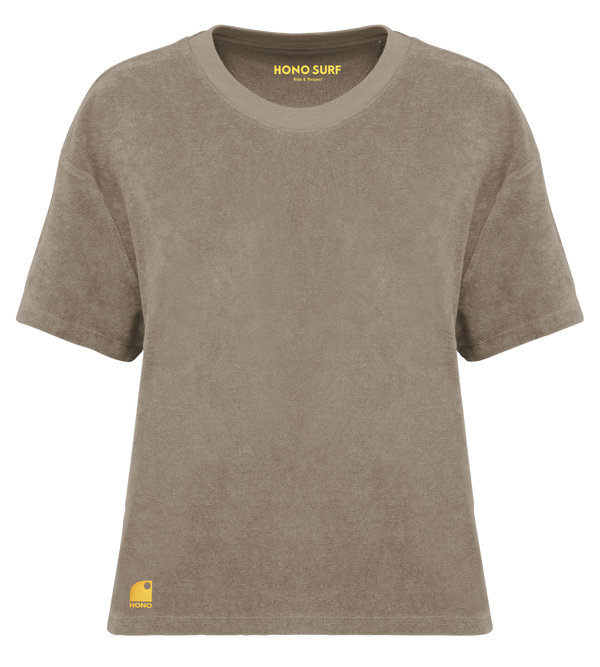 T-shirt éponge bio femme café brodé jaune