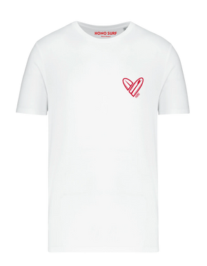 t-shirt unisexe HONO surfwear blanc avec logo cœur surf corail sur la poitrine