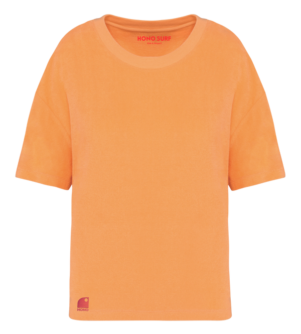 T-shirt surf femme HONO en éponge bio abricot avec logo brodé corail