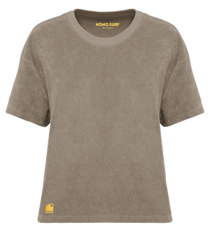 T-shirt surf femme HONO en éponge bio café avec logo brodé jaune