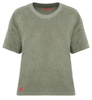 T-shirt surf femme HONO en éponge bio kaki avec logo brodé corail