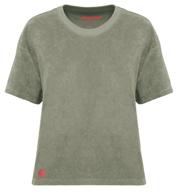 T-shirt surf femme HONO en éponge bio kaki avec logo brodé corail