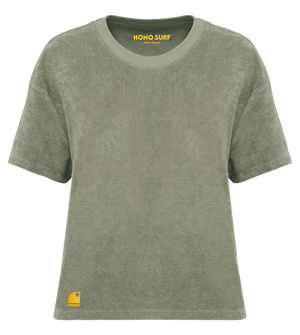 T-shirt surf femme HONO en éponge bio kaki brodé jaune.