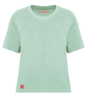 T-shirt surf femme HONO en éponge bio vert d'eau avec logo brodé corail