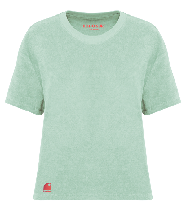 T-shirt surf femme HONO en éponge bio vert d'eau avec logo brodé corail