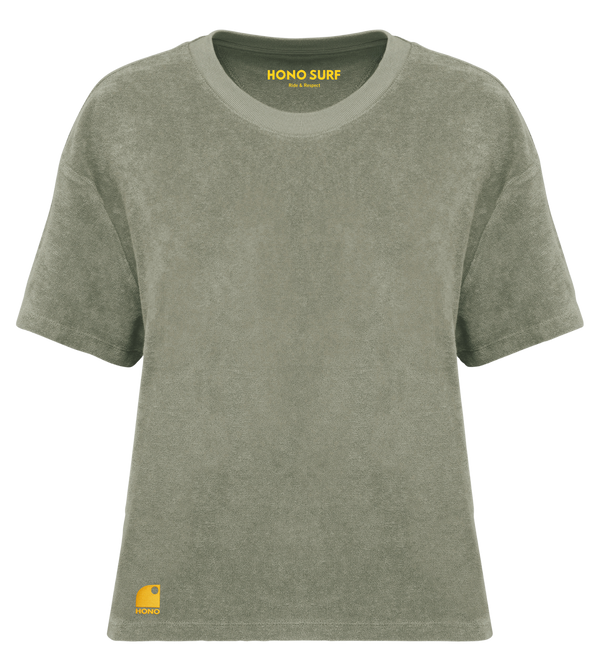 T-shirt éponge bio femme kaki brodé jaune