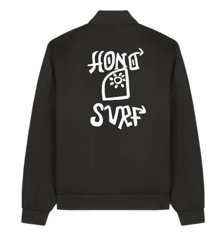 Dos de la veste bomber noir durable Surf HONO Signature TIKI avec visuel exclusif graphique blanc