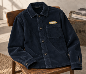 Surchemise bleue marine bio brodée HONO marque de surf française