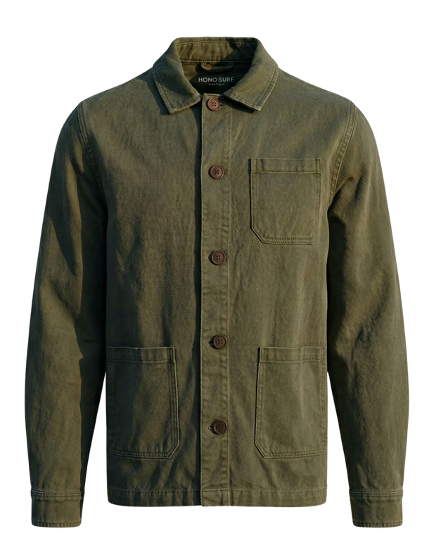 veste unisexe HONO surfwear kaki style workwear en matière durable avec poches plaquées et boutons